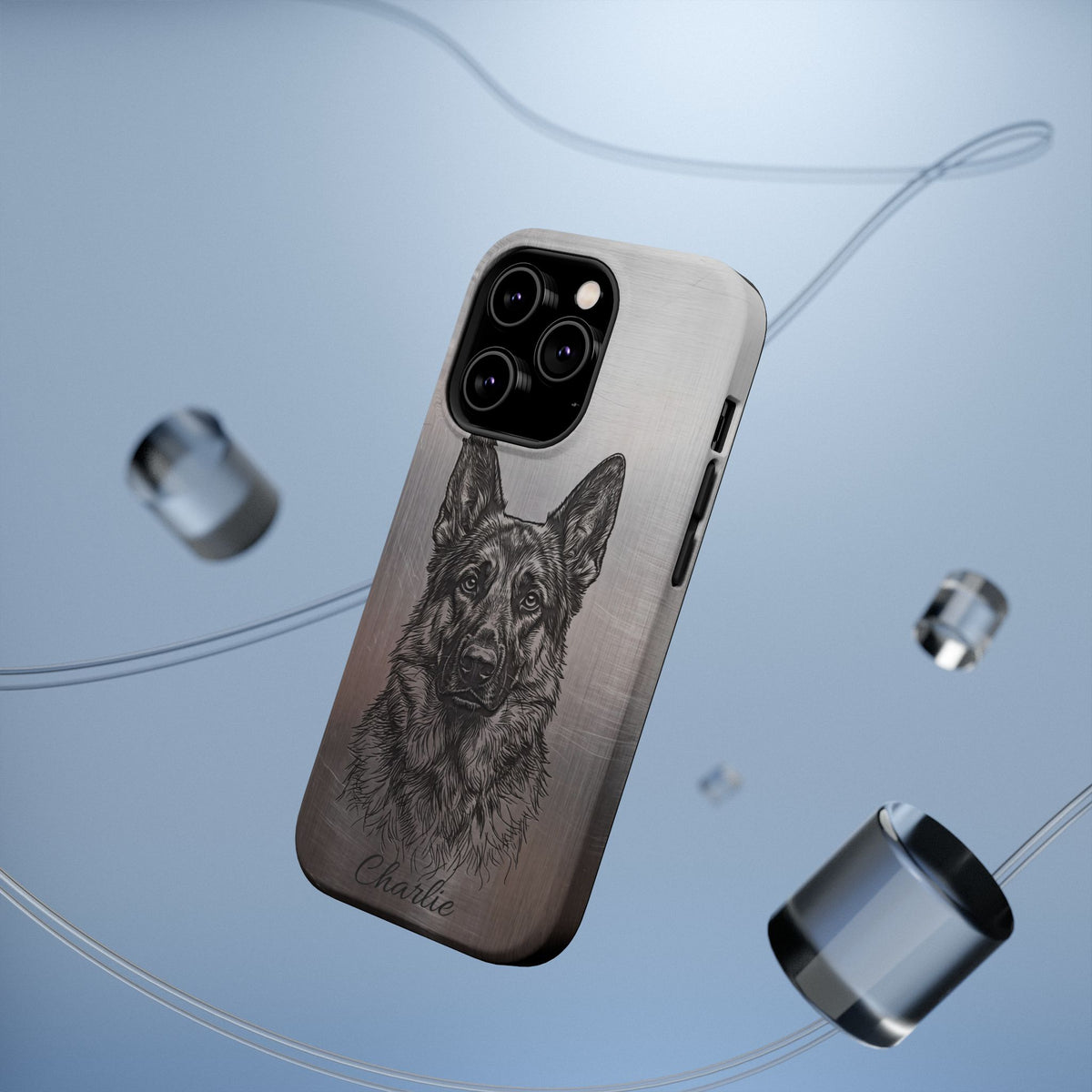German Shepherd Phone Case | Personalized Etched Silver Art — Tough Magnetic Case with Wireless Charging