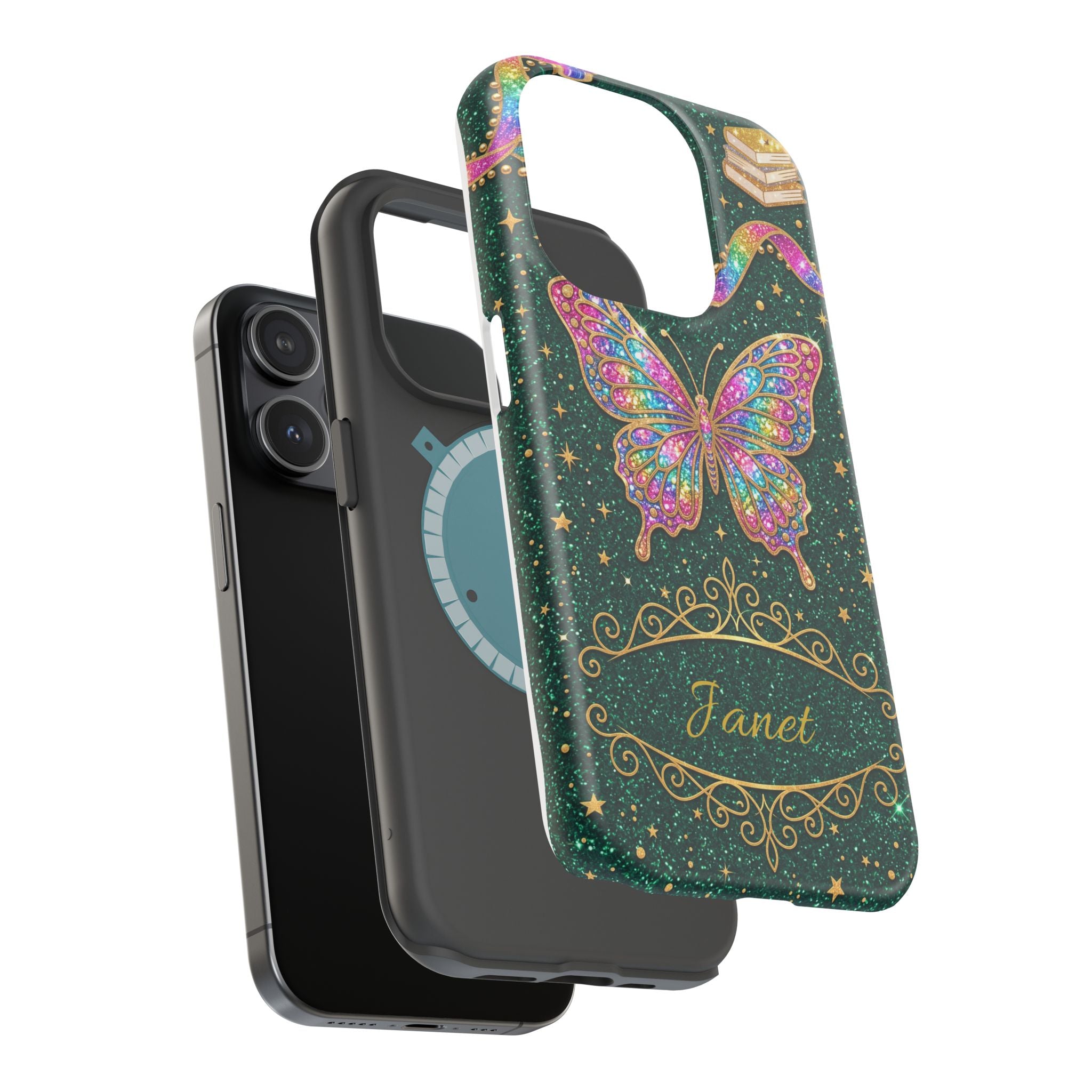 Rainbow Glitter Butterfly Personalized Teacher Phone Case — Wireless Charging Cover