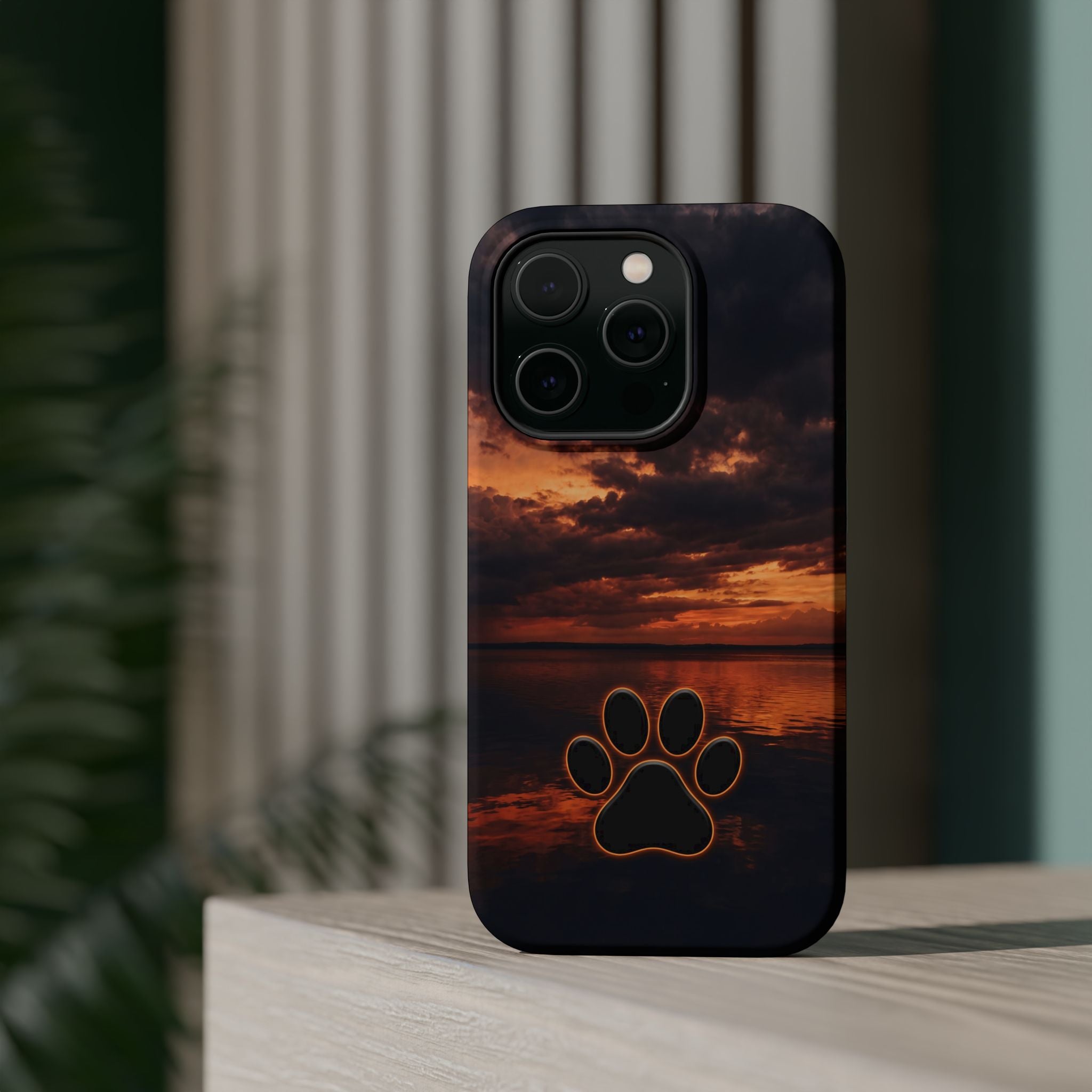 Sunset Paw Print Phone Case — Impact-Resistant Wireless Charging Cover