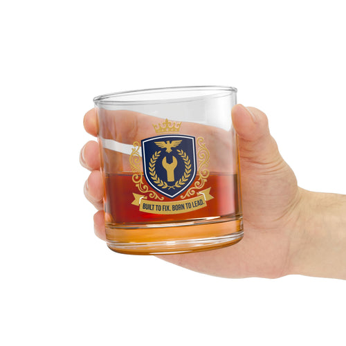 Built To Fix Born To Lead Crest Rocks Glass 10oz — Navy & Gold Plumber Glass