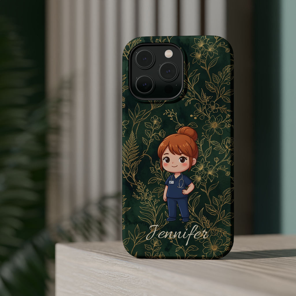 Personalized Nurse Botanical Phone Case — Impact-Resistant Wireless Charging Cover