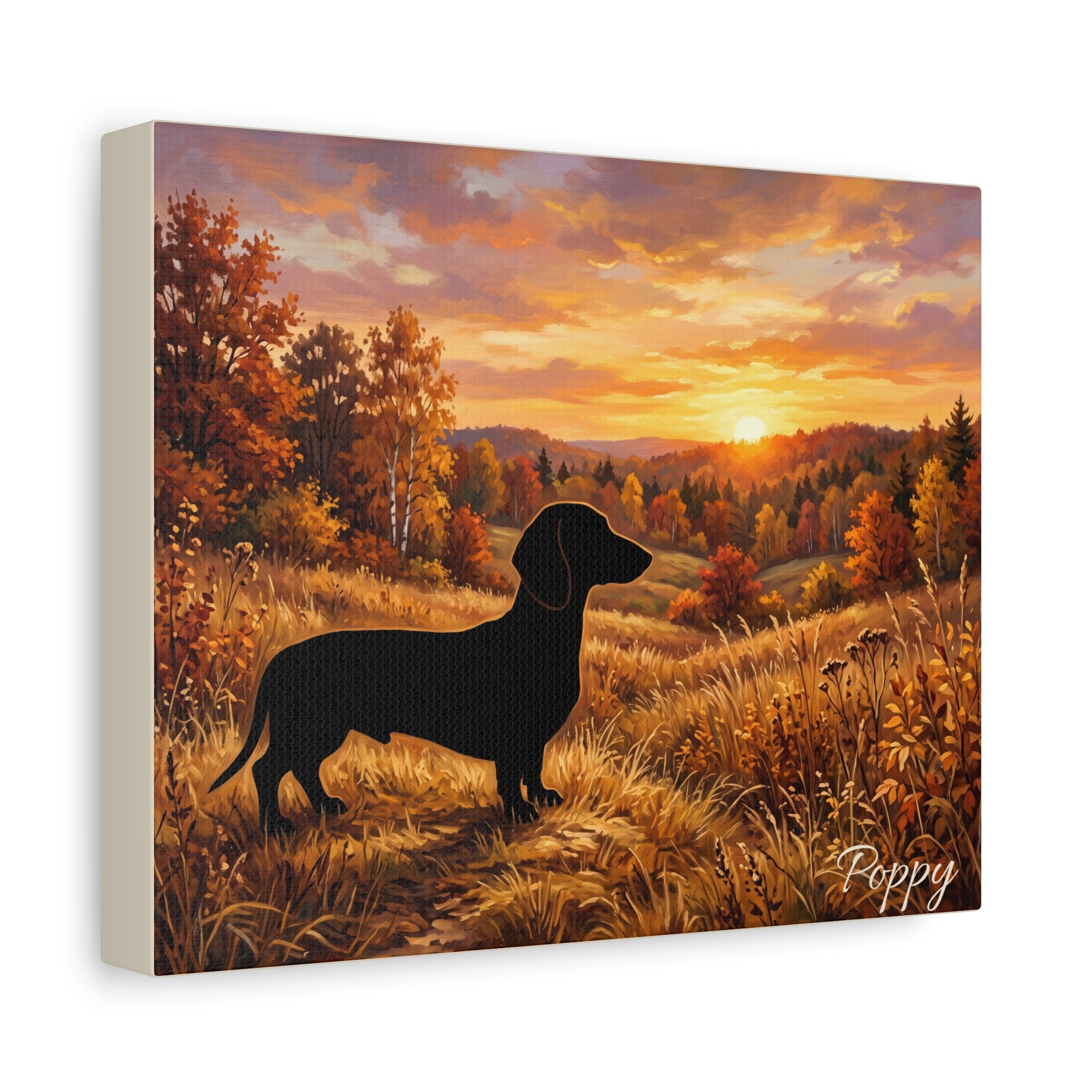 Dachshund Silhouette Personalized Canvas | Autumn Sunset Wall Art