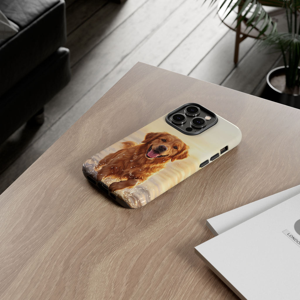 Golden Retriever Splashing in Water Phone Case | Joyful Dog at Golden Hour | iPhone & Samsung