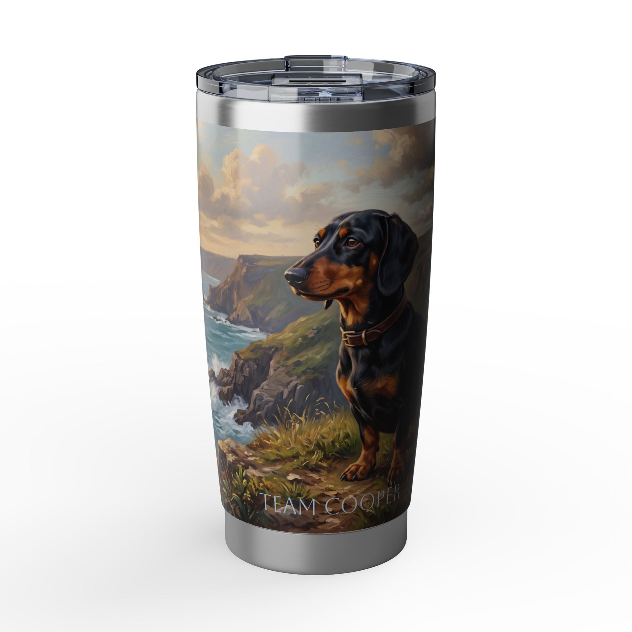Dachshund Coastal Cliffs Stainless Tumbler — 20 oz Personalized Travel Mug with Seaside Landscape Design