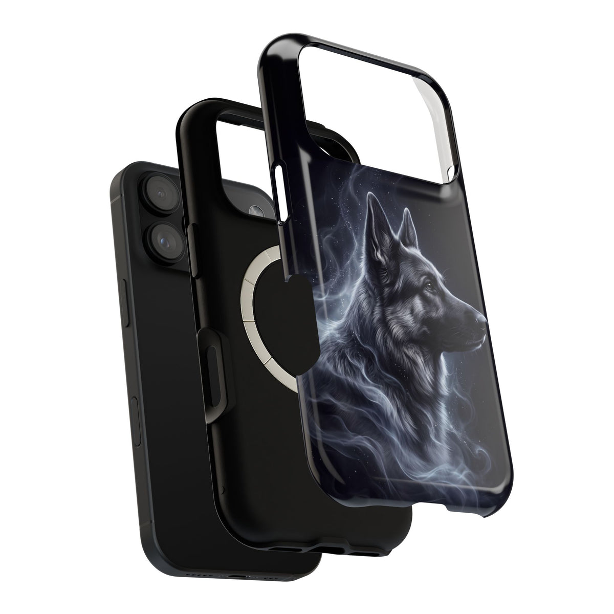 German Shepherd Phone Case | Silver Moonlight Mist Art — Tough Magnetic Case with Wireless Charging