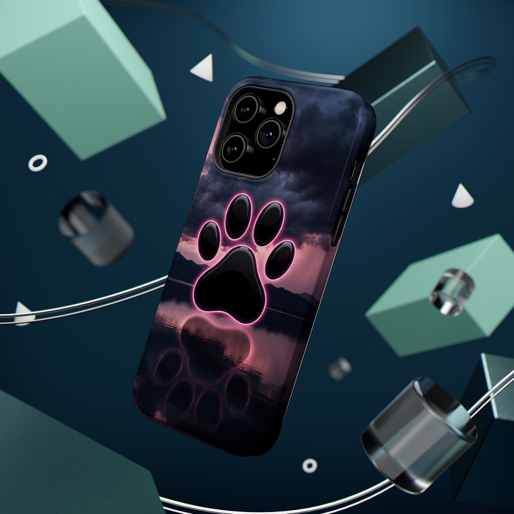 Neon Paw Print Phone Case — Impact-Resistant Wireless Charging Cover