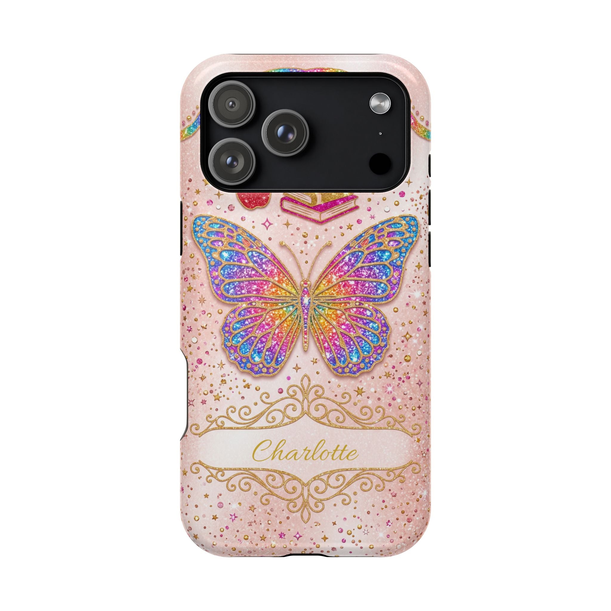Blush Glitter Butterfly Personalized Teacher Phone Case — Wireless Charging Cover