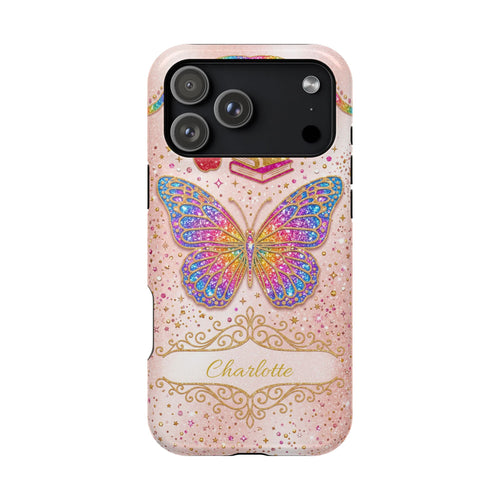 Blush Glitter Butterfly Personalized Teacher Phone Case — Wireless Charging Cover