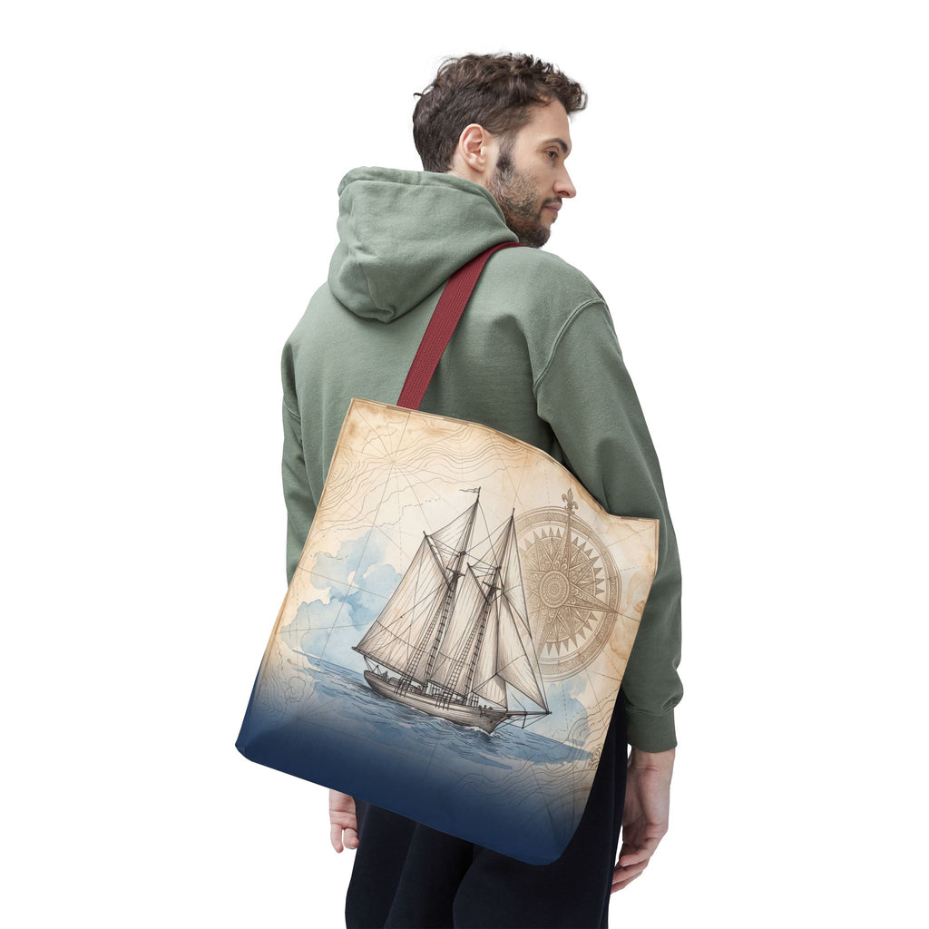 Vintage Schooner Tote Bag – Antique Nautical Map Compass Beach Bag