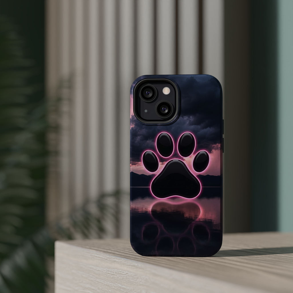 Neon Paw Print Phone Case — Impact-Resistant Wireless Charging Cover
