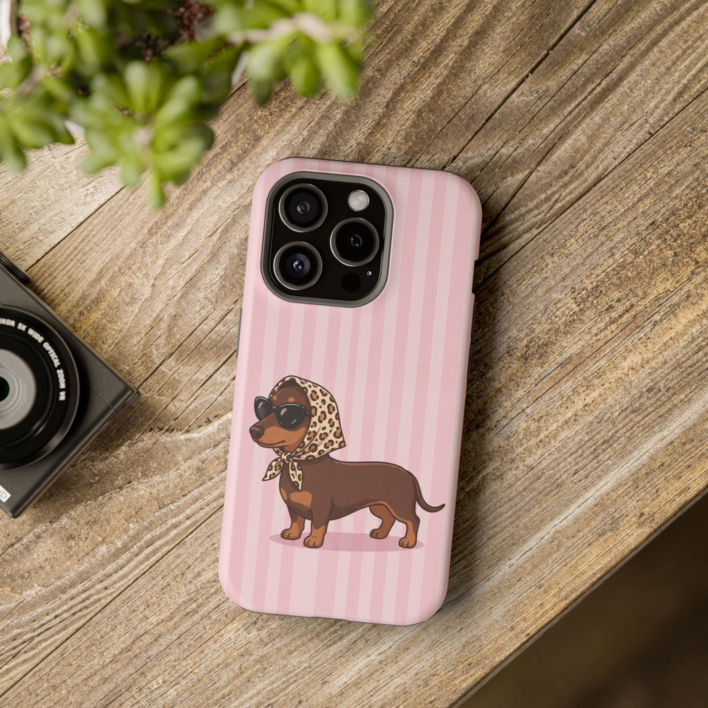 Glam Dachshund Phone Case | Cute Sausage Dog in Leopard Scarf & Sunglasses | Pink Stripe Case for iPhone & Samsung