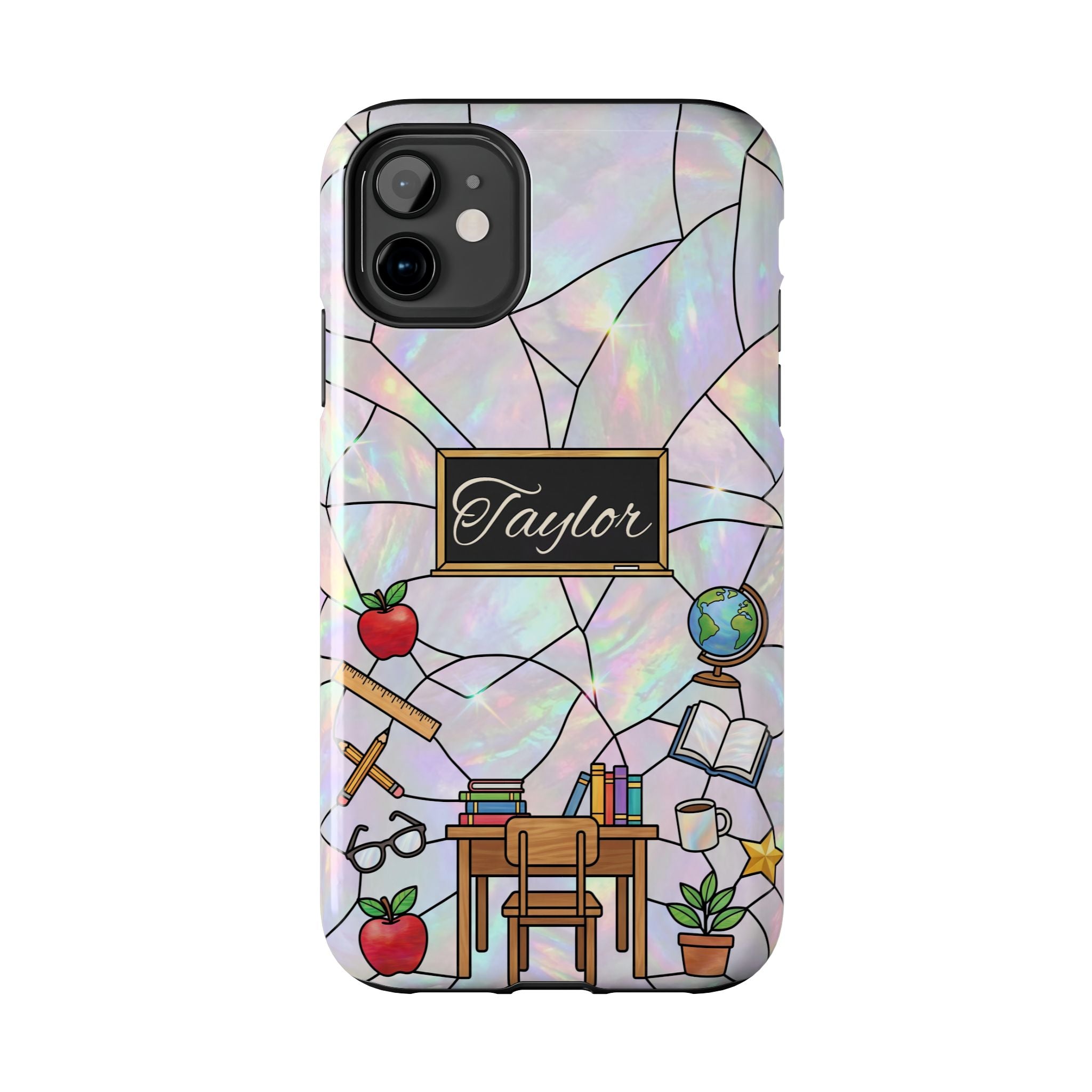 Personalized Teacher Phone Case — Custom Name Stained Glass Classroom Design