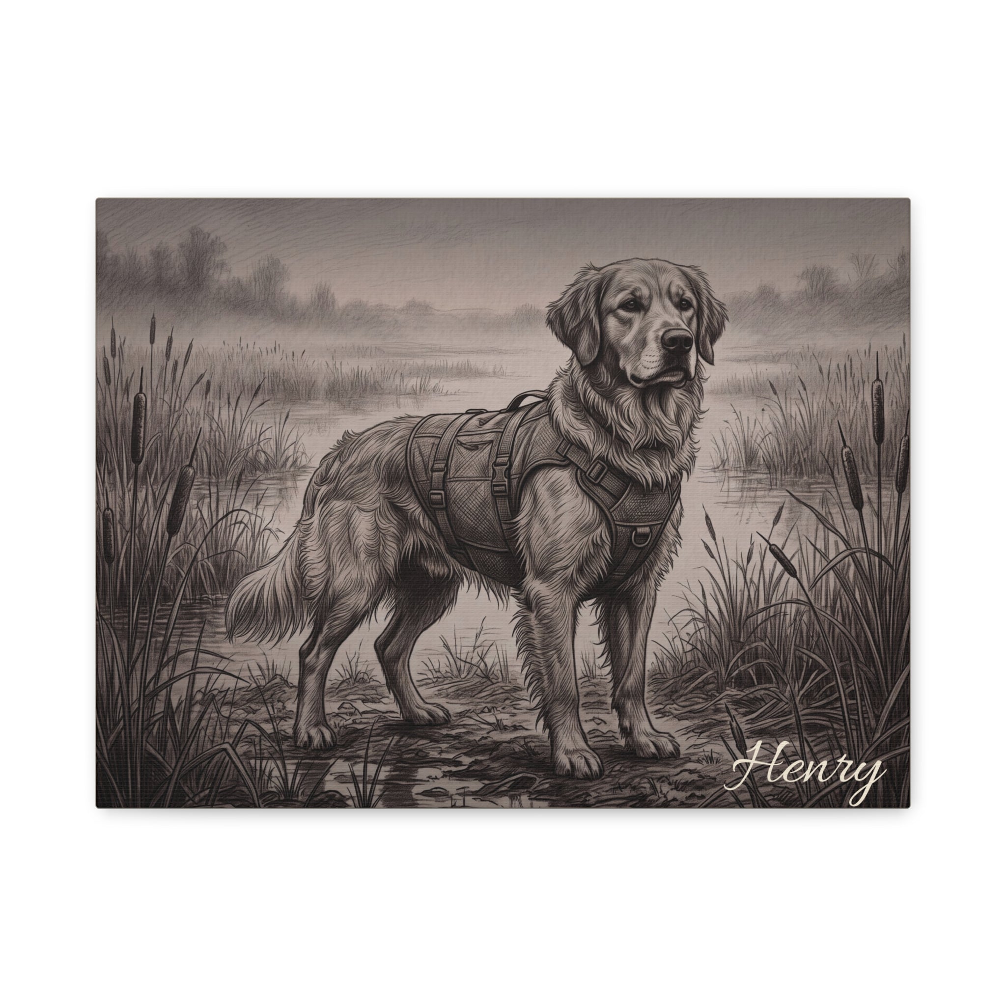 Golden Retriever Marshland Sketch Personalized Canvas | Misty Wetland Wall Art