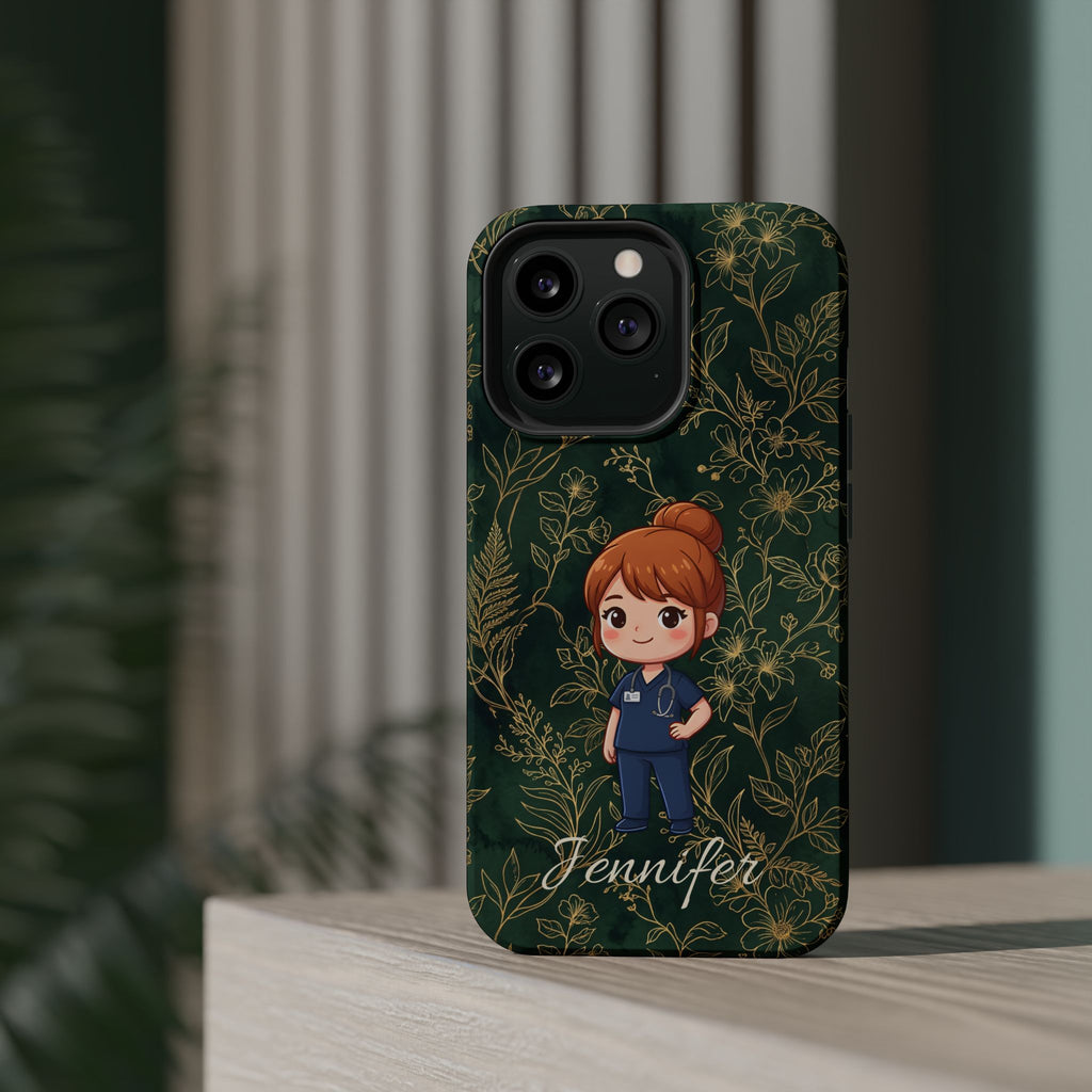 Personalized Nurse Botanical Phone Case — Impact-Resistant Wireless Charging Cover