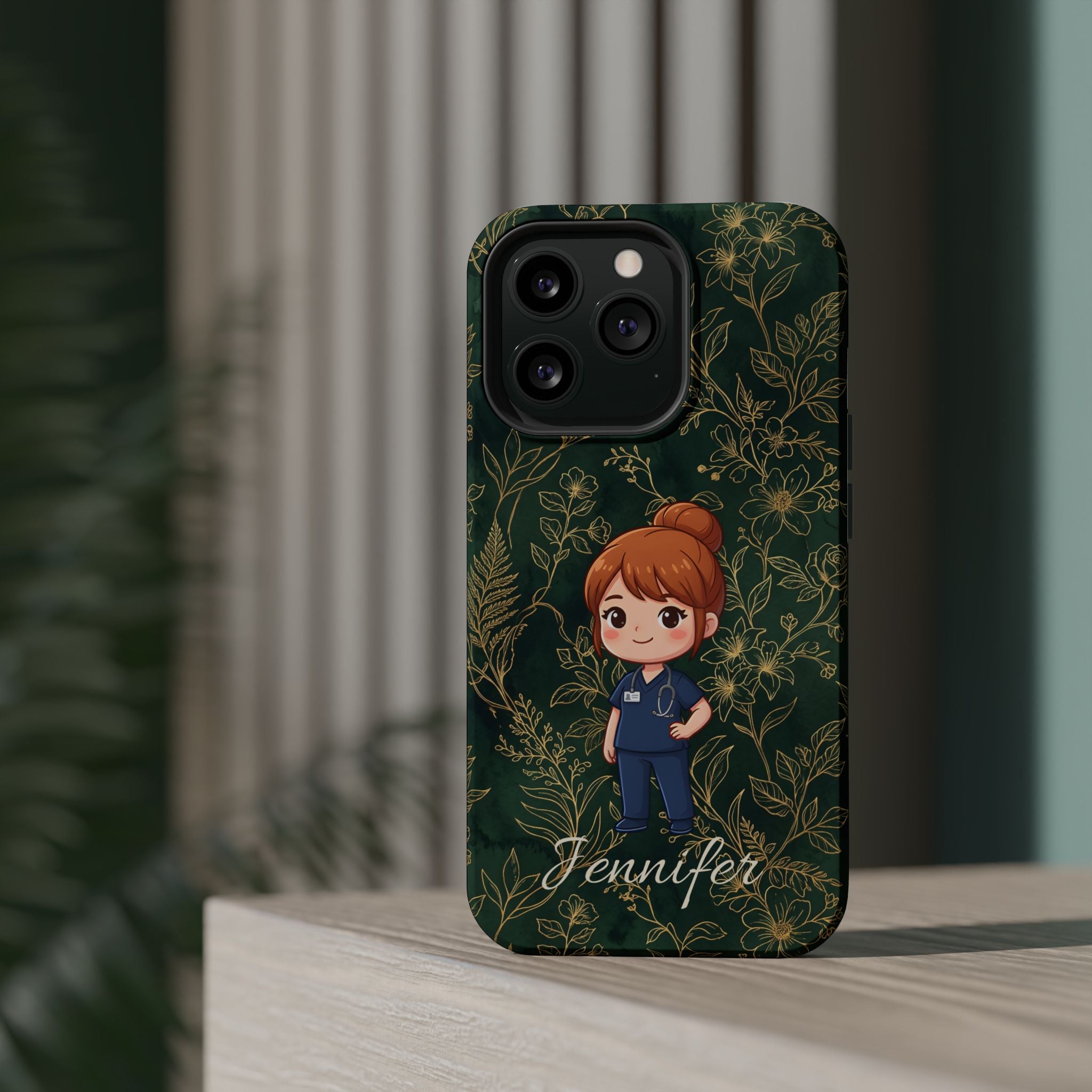 Personalized Nurse Botanical Phone Case — Impact-Resistant Wireless Charging Cover