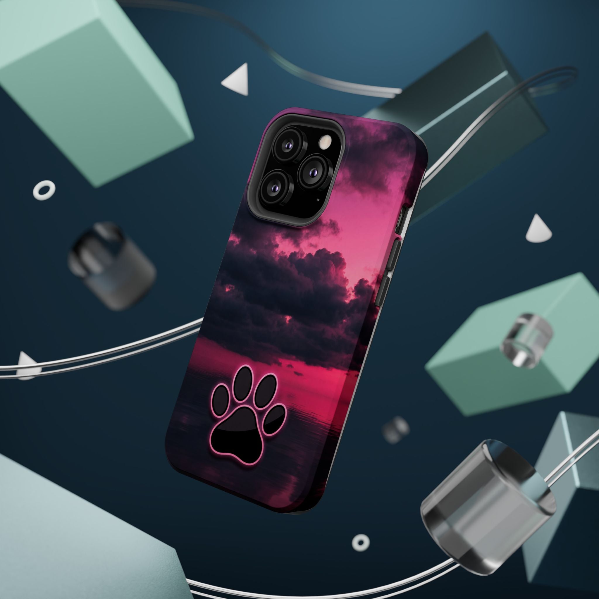 iPhone & Samsung Magnetic Impact-Resistant Phone Case — Pink Twilight Cloud with Paw Print