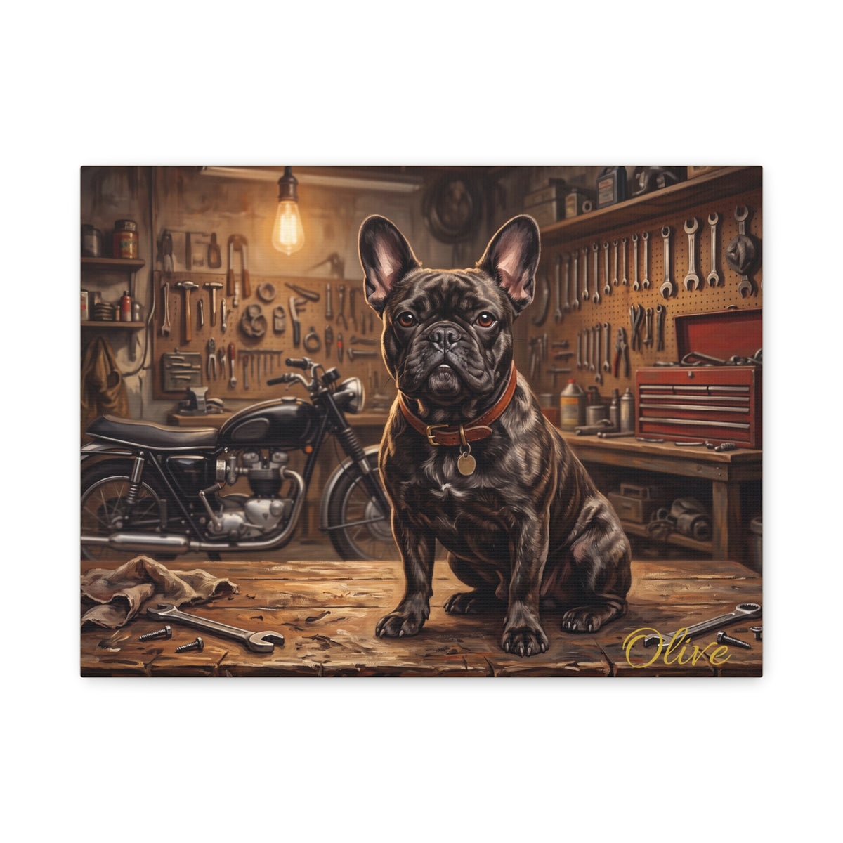 French Bulldog Personalized Canvas | Brindle Frenchie Vintage Mechanic Garage Wall Art