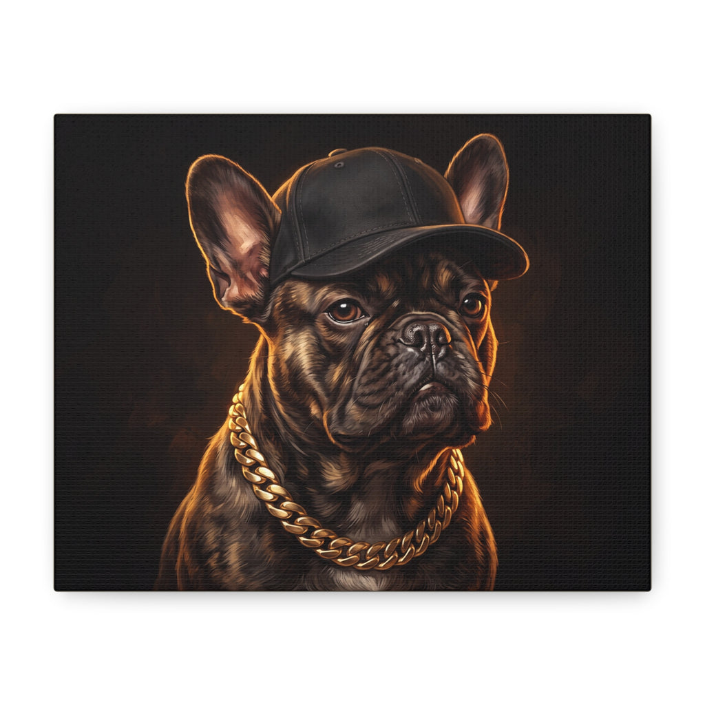 French Bulldog Portrait Canvas Print — Hip Hop Dog with Cap & Gold Chain