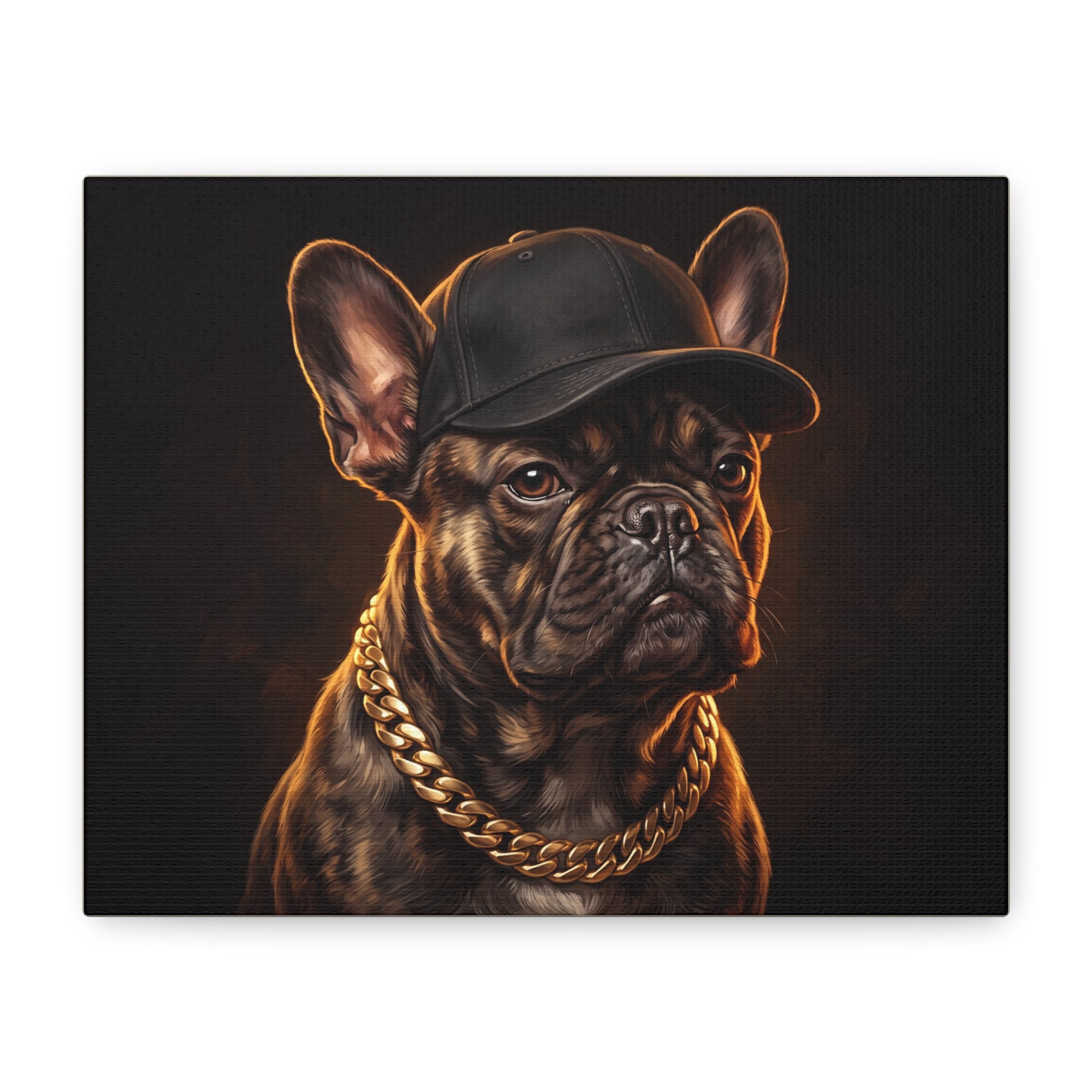 French Bulldog Portrait Canvas Print — Hip Hop Dog with Cap & Gold Chain