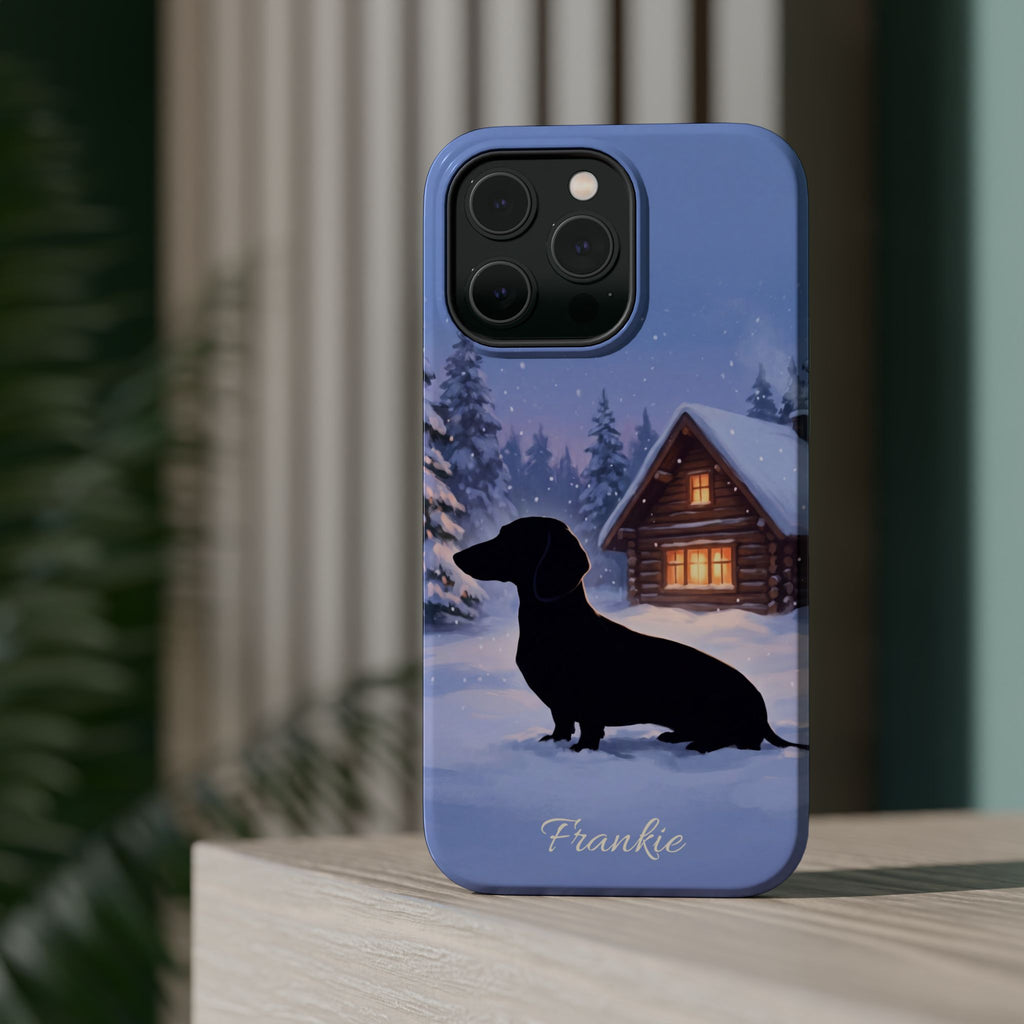 Personalized Dachshund Winter Cabin Phone Case — Wireless Charging Cover