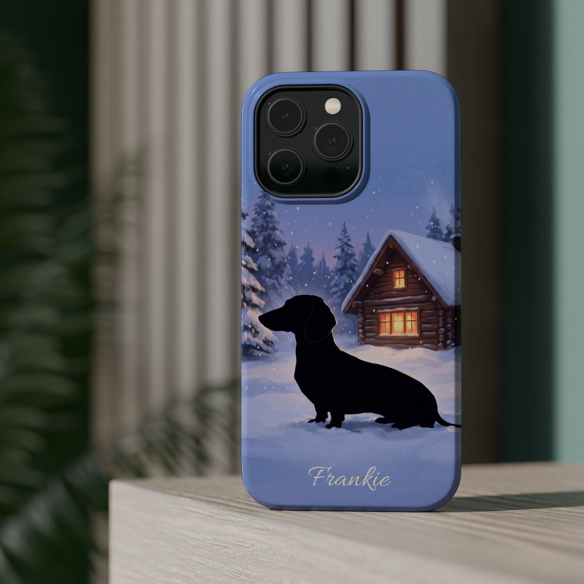 Personalized Dachshund Winter Cabin Phone Case — Wireless Charging Cover