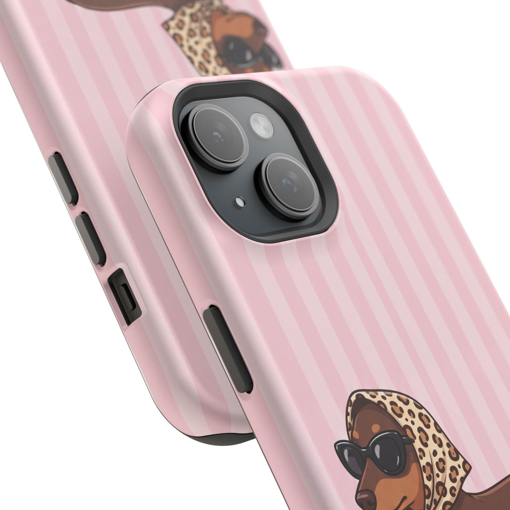 Glam Dachshund Phone Case | Cute Sausage Dog in Leopard Scarf & Sunglasses | Pink Stripe Case for iPhone & Samsung