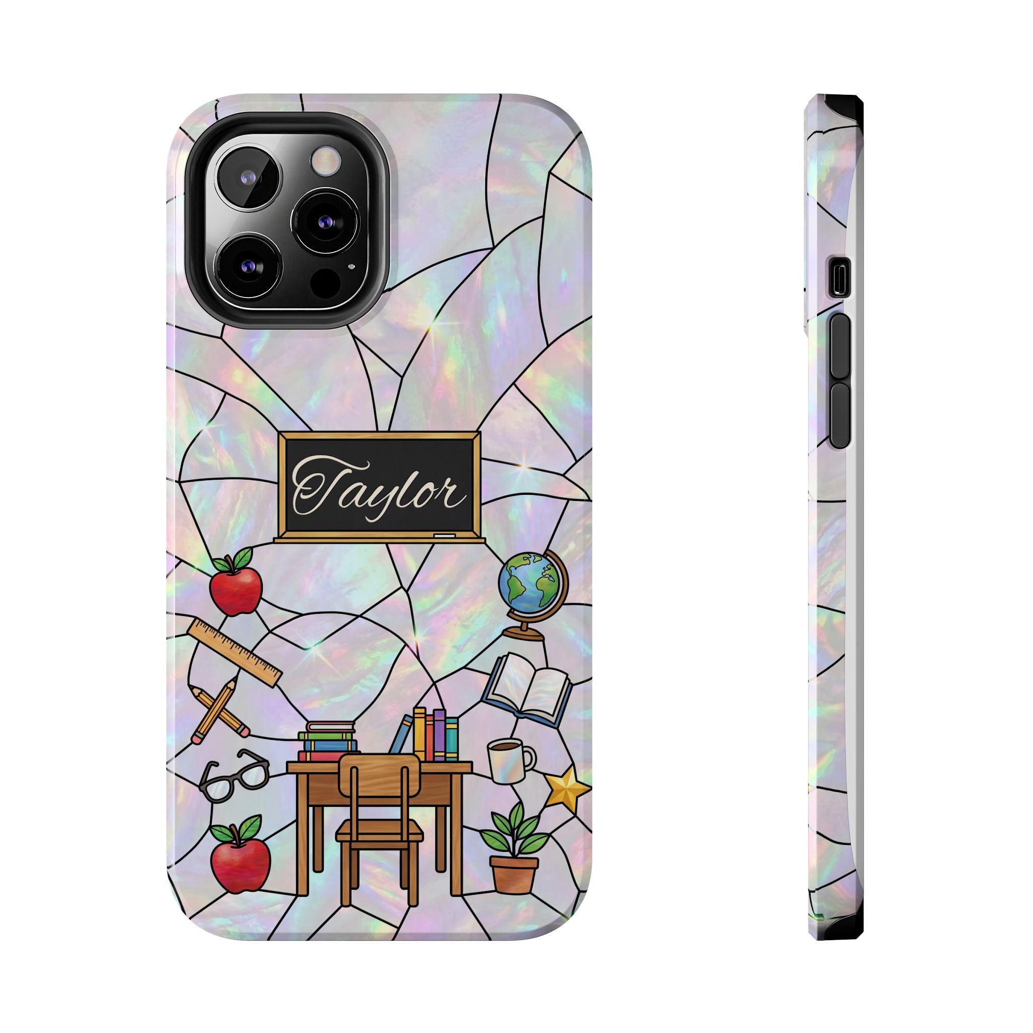 Personalized Teacher Phone Case — Custom Name Stained Glass Classroom Design