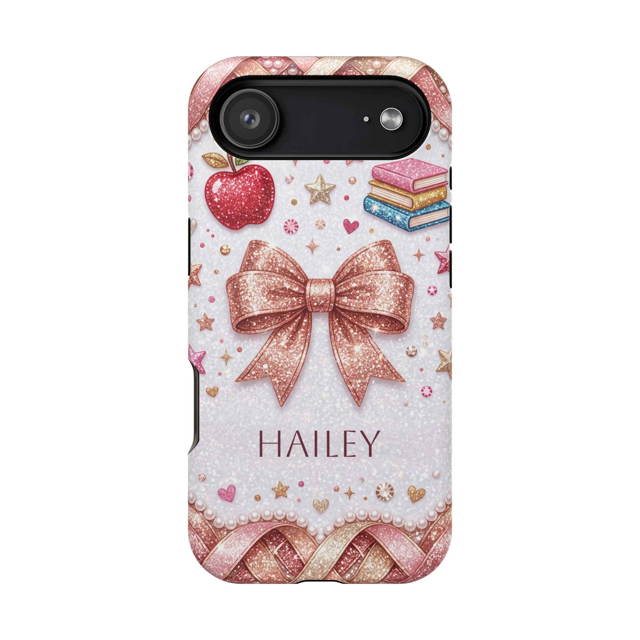 Rose Gold Glitter Bow Personalized Teacher Phone Case — Wireless Charging Cover
