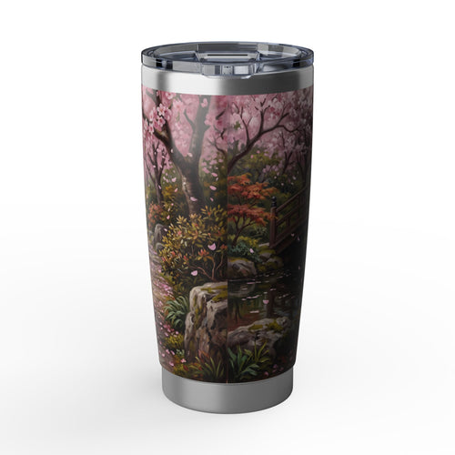 Dachshund Cherry Blossom Stainless Tumbler — 20 oz Personalized Travel Mug with Japanese Garden Design
