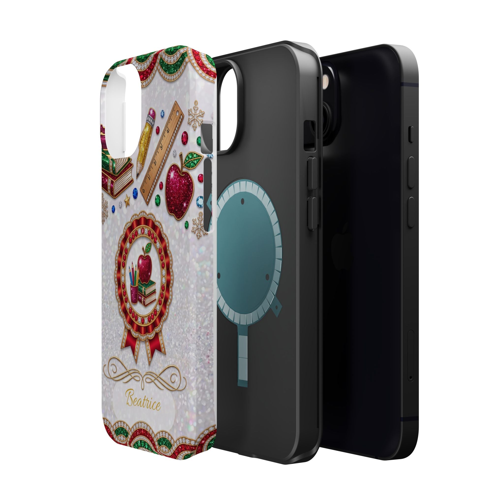 Jeweled Apple Medallion Personalized Teacher Phone Case — Wireless Charging Cover
