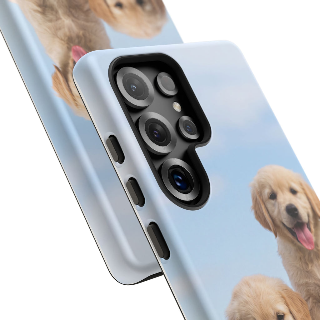 Golden Retriever Puppies on Barrel Phone Case | Cute Duo Under Blue Sky | iPhone & Samsung