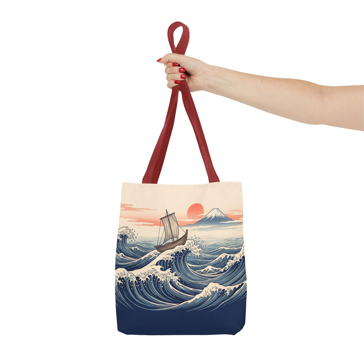 Japanese Wave Sailboat Tote Bag – Woodblock Style Ocean Beach Bag