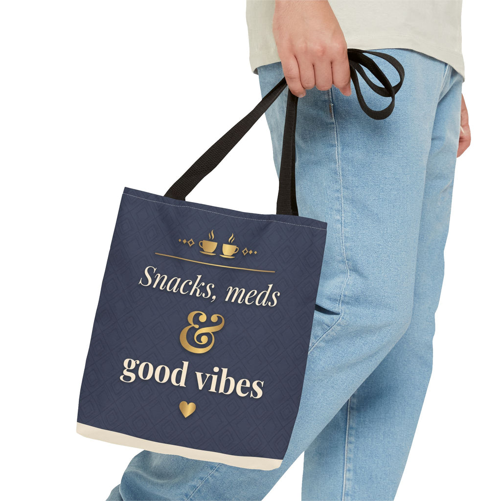Snacks Meds & Good Vibes Tote | Funny Nurse Gift Tote Bag | Healthcare Worker Humour Gift | Premium Polyester Carry-All