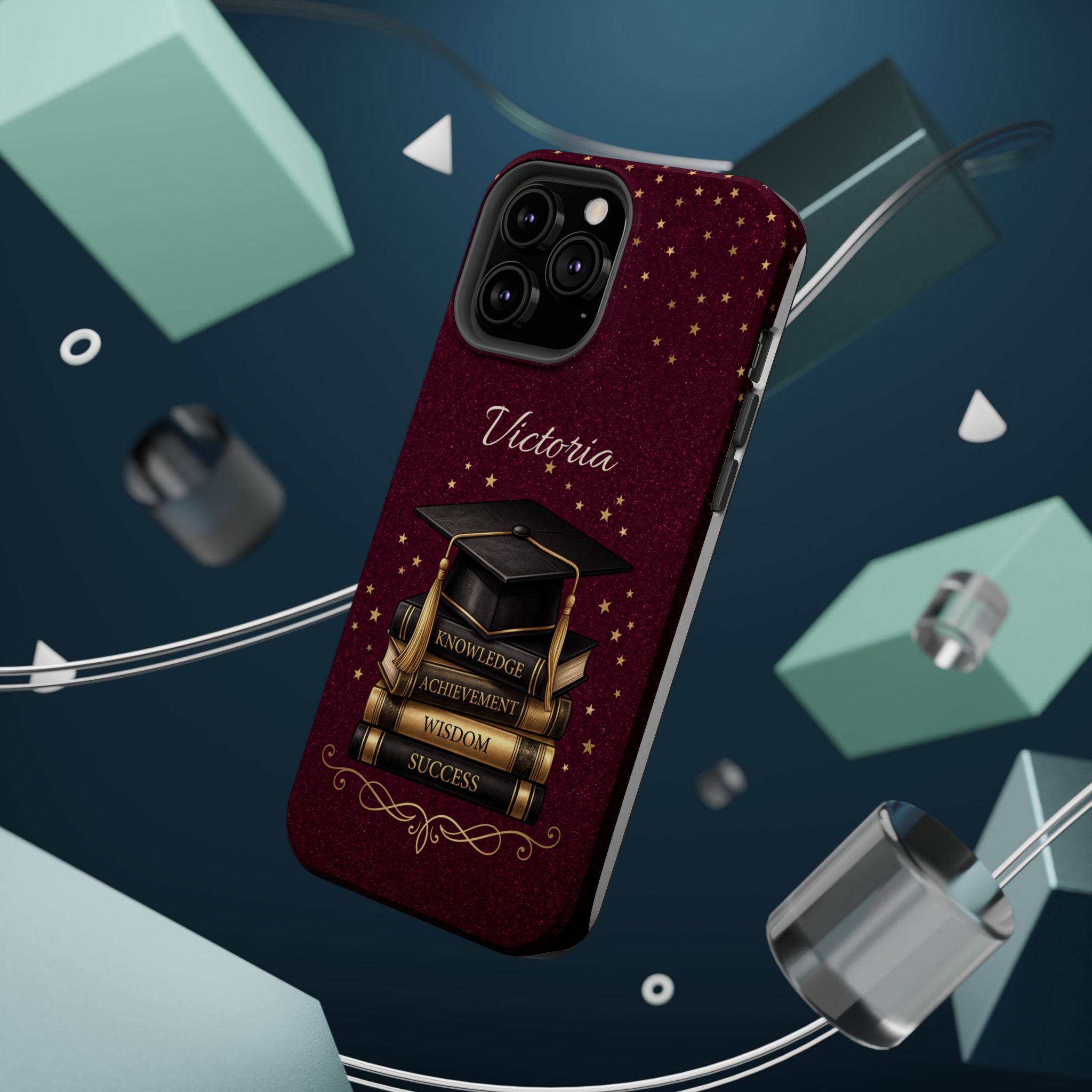 Graduation Cap & Books Personalized Teacher Phone Case — Wireless Charging Cover