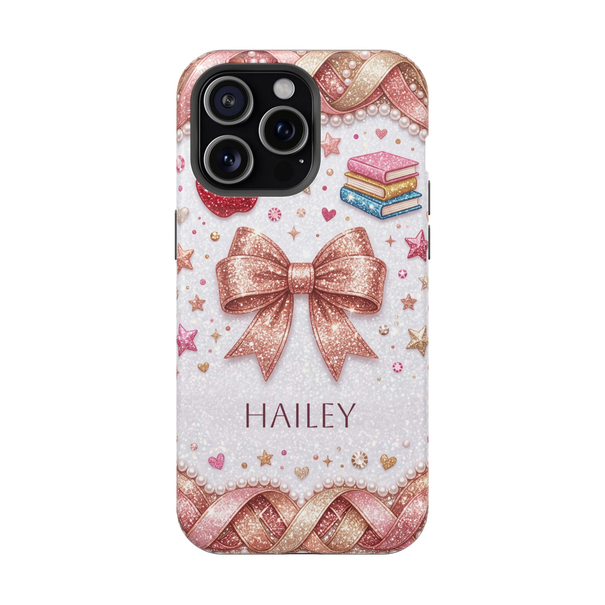 Rose Gold Glitter Bow Personalized Teacher Phone Case — Wireless Charging Cover
