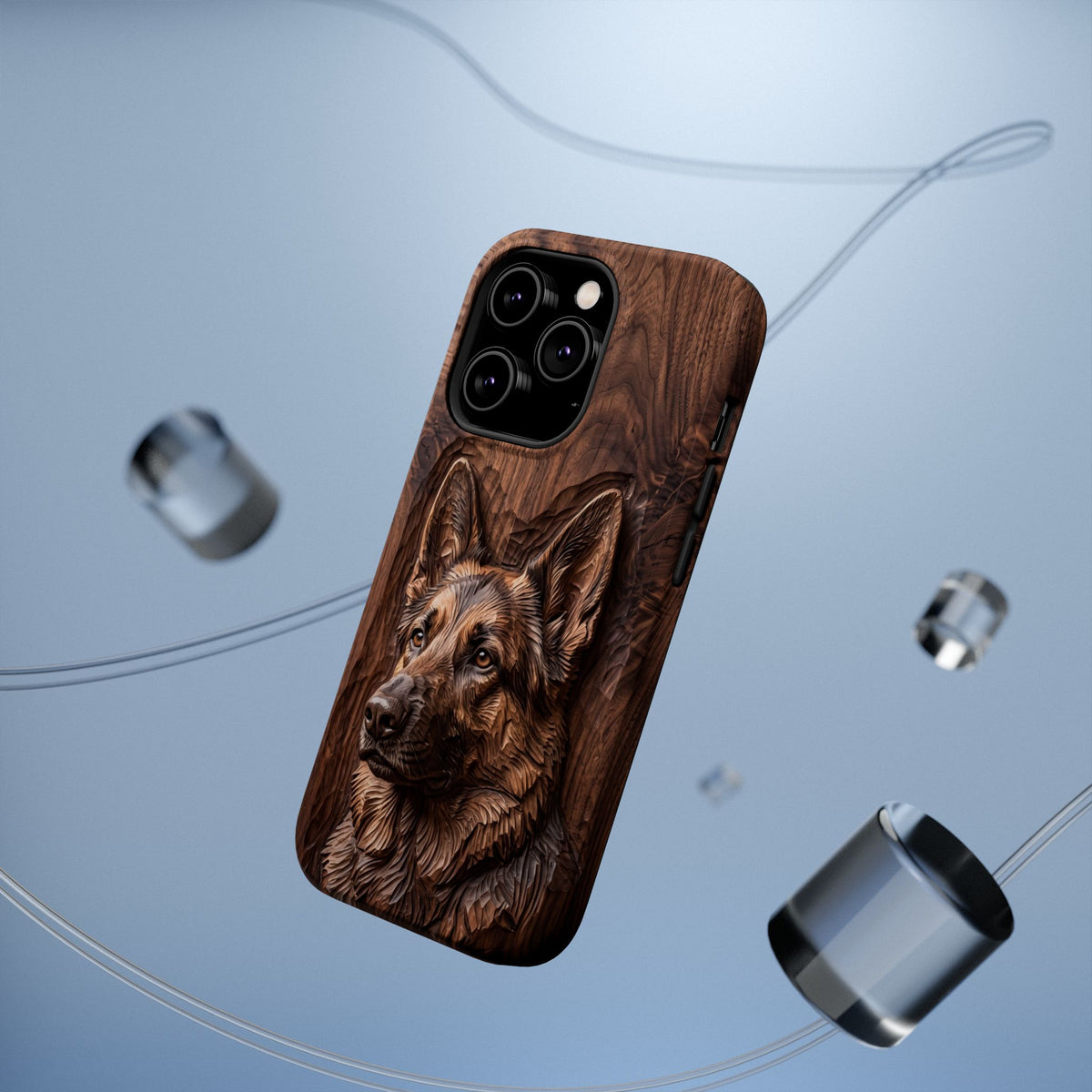 German Shepherd Phone Case | Carved Walnut Art — Tough Magnetic Case with Wireless Charging