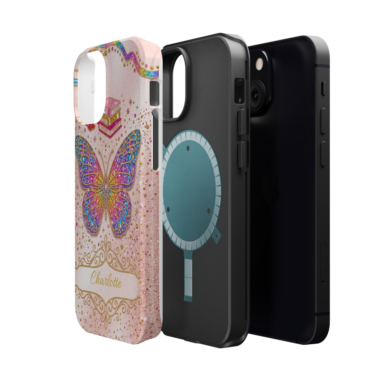 Blush Glitter Butterfly Personalized Teacher Phone Case — Wireless Charging Cover