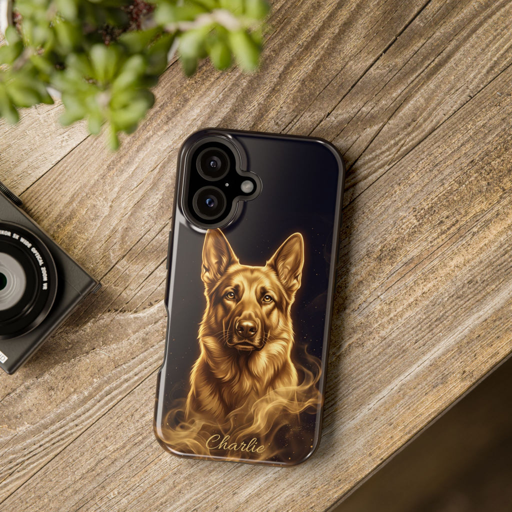 German Shepherd Phone Case | Personalized Gold Glow Art — Tough Magnetic Case with Wireless Charging