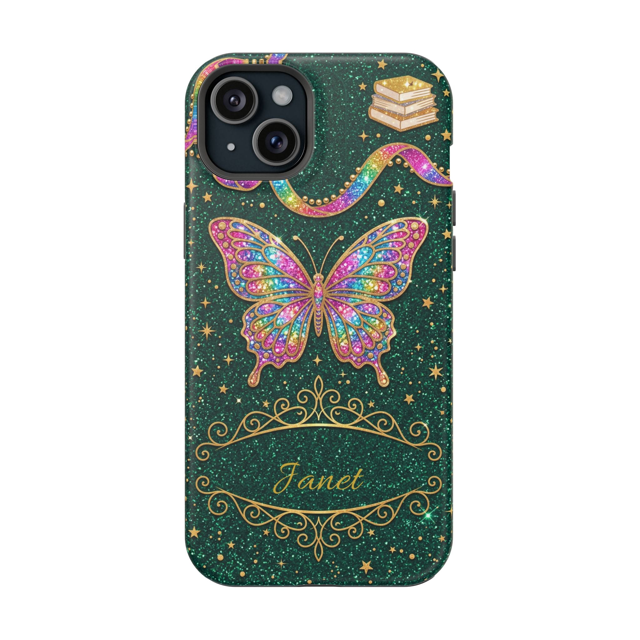 Rainbow Glitter Butterfly Personalized Teacher Phone Case — Wireless Charging Cover