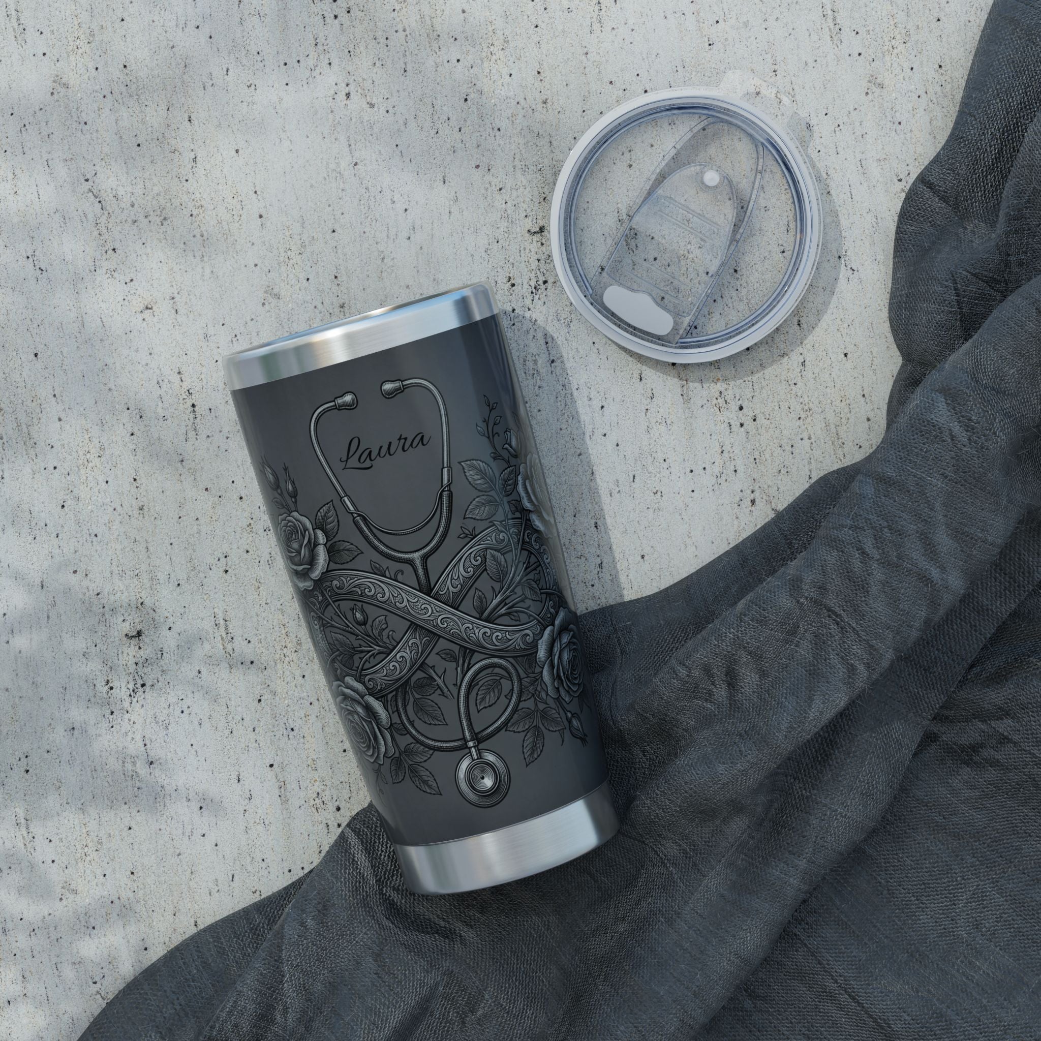 Personalized Stethoscope Tumbler – Rose Gold Floral Design 20 oz