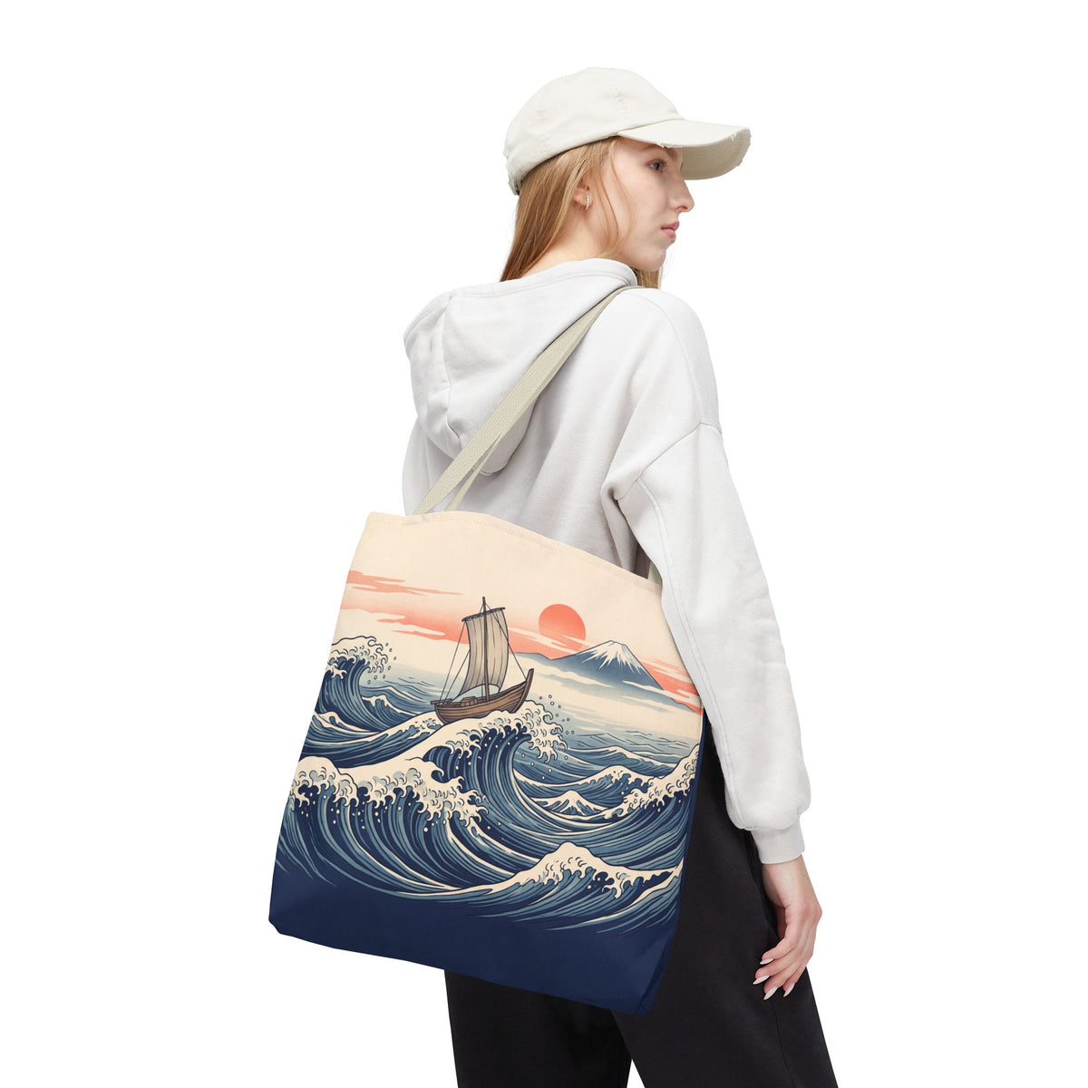 Japanese Wave Sailboat Tote Bag – Woodblock Style Ocean Beach Bag