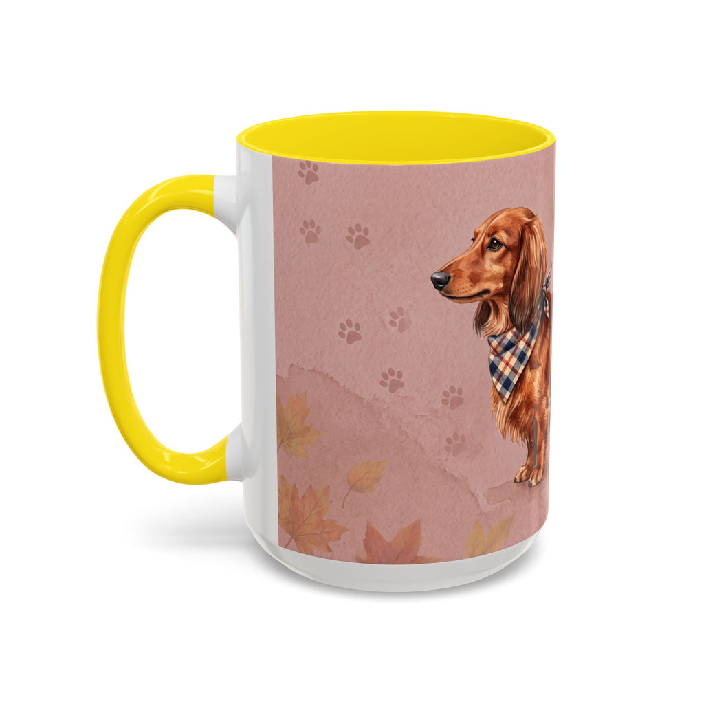 Dachshund Lover Mug | Long-Haired Wiener Dog with Plaid Bandana, Dusty Rose Watercolor Dog Gift