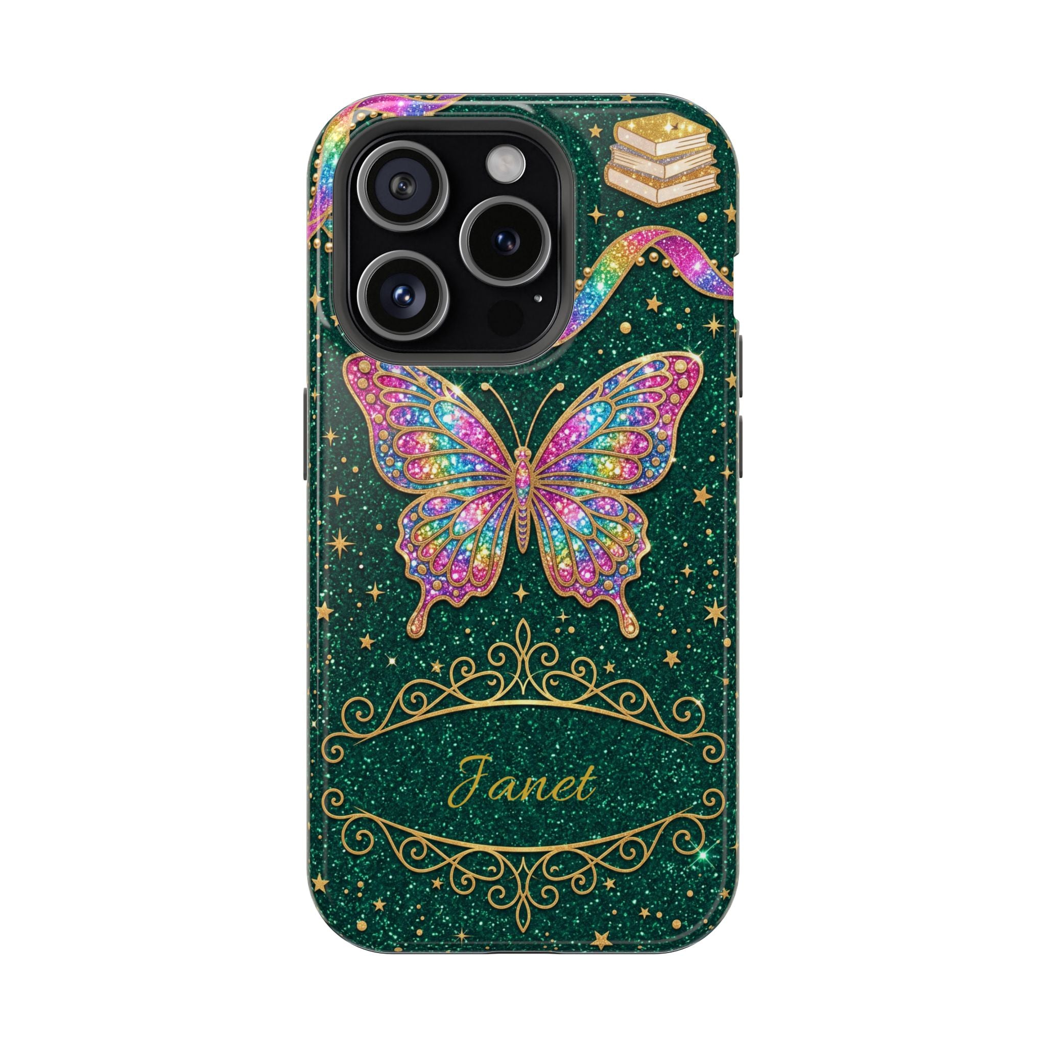 Rainbow Glitter Butterfly Personalized Teacher Phone Case — Wireless Charging Cover