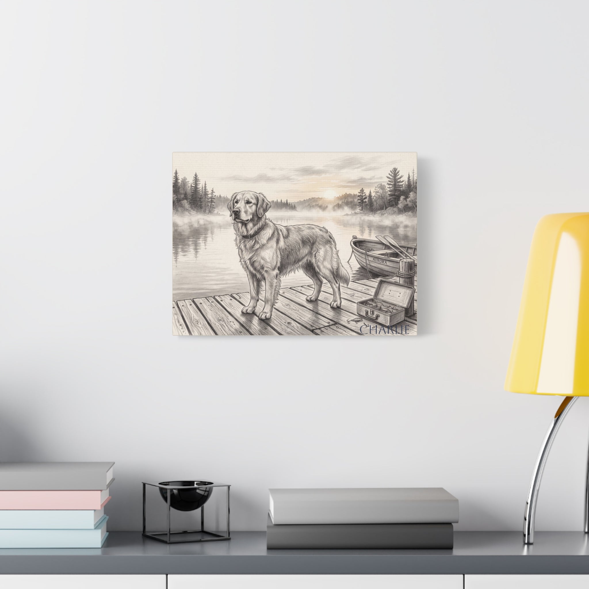 Golden Retriever Lakeside Dock Sketch Personalized Canvas | Misty Lake Wall Art