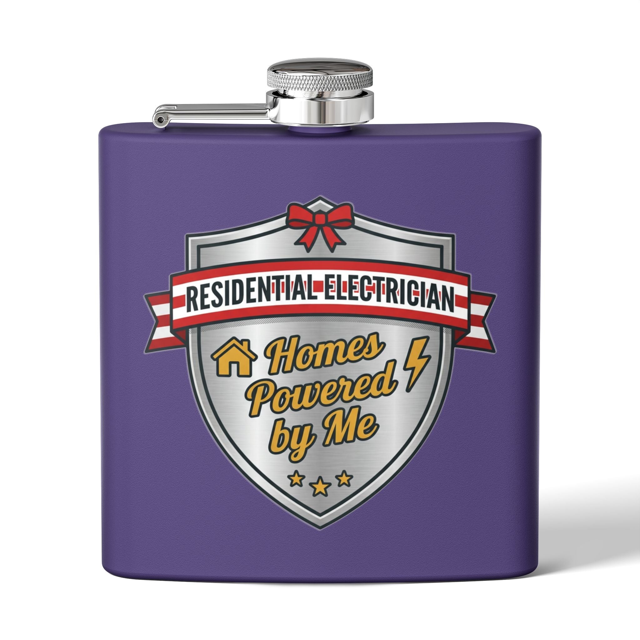 Flask — "Residential Electrician: Homes Powered by Me" (Shield Badge) 6oz Stainless Steel Hip Flask