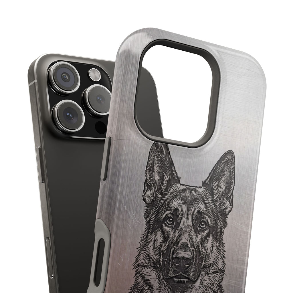 German Shepherd Phone Case | Personalized Etched Silver Art — Tough Magnetic Case with Wireless Charging