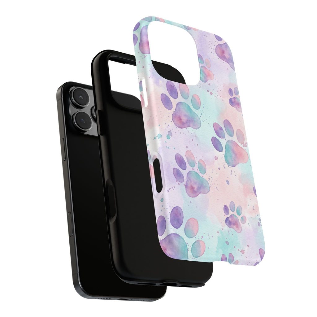 Watercolor Paw Print Phone Case | Pastel Purple, Teal & Pink Artistic Pattern | Samsung & iPhone