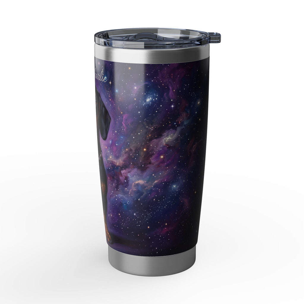 Dachshund Purple Galaxy Stainless Tumbler — 20oz Personalized Travel Mug with Black & Tan Cosmic Design