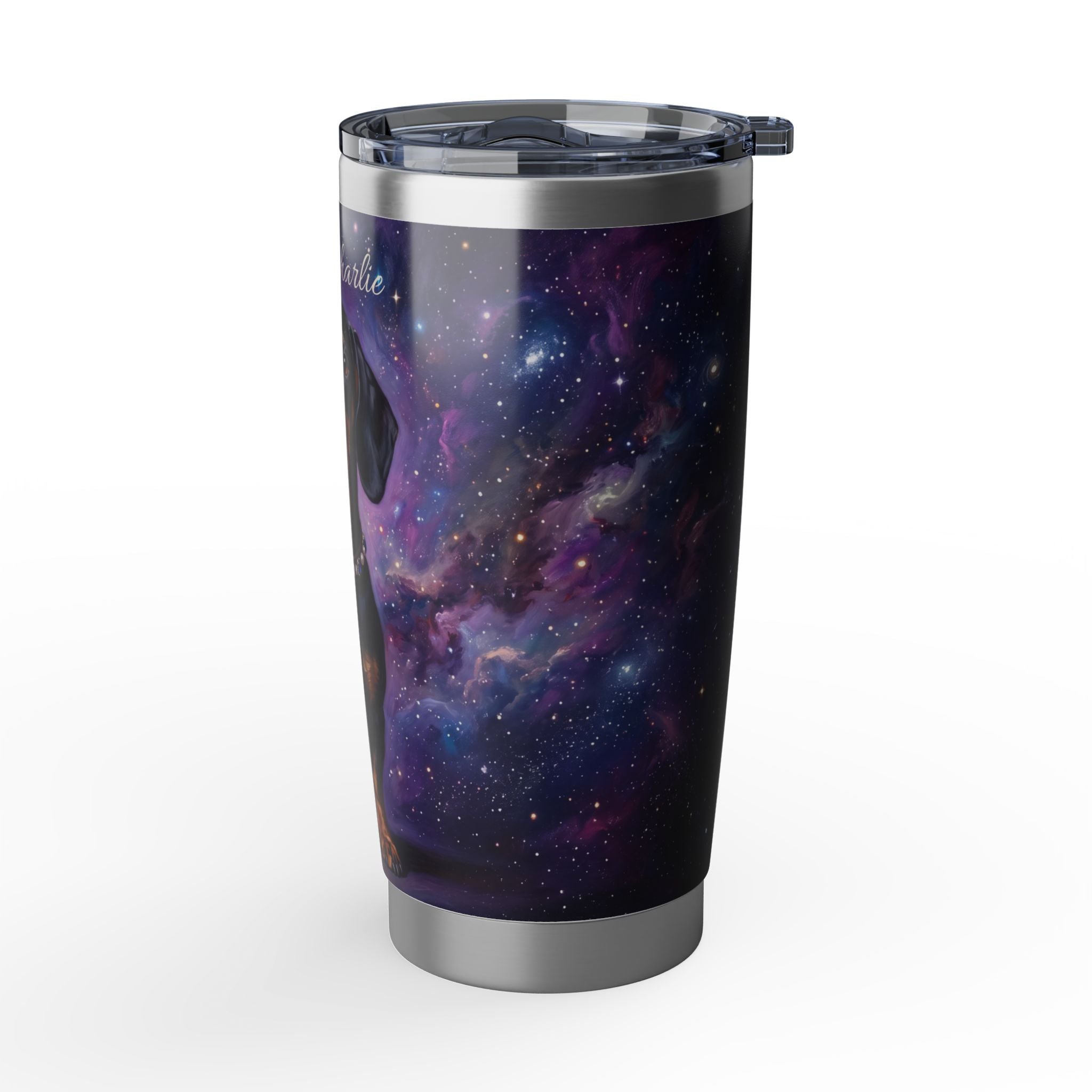 Dachshund Purple Galaxy Stainless Tumbler — 20oz Personalized Travel Mug with Black & Tan Cosmic Design