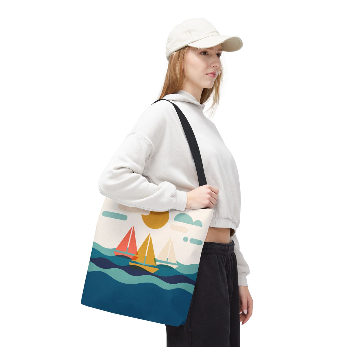 Minimalist Sailboat Tote Bag – Mid-Century Modern Ocean Waves Beach Bag